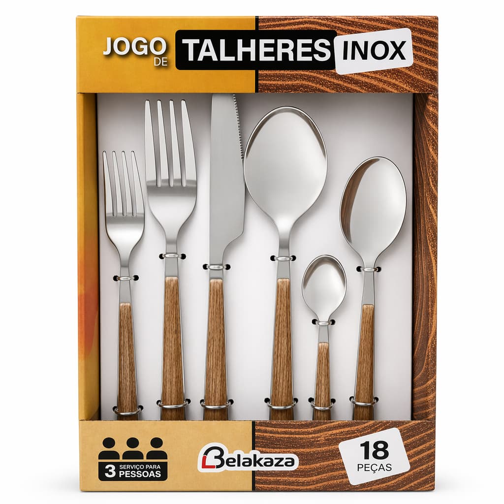 Jogo Talheres 18 Pecas Em Inox E Cabo Cor Madeira Belakaza