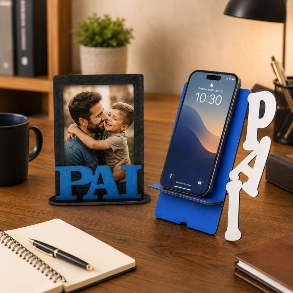 Kit Dia dos Pais Porta-Retrato e Suporte Celular MDF
