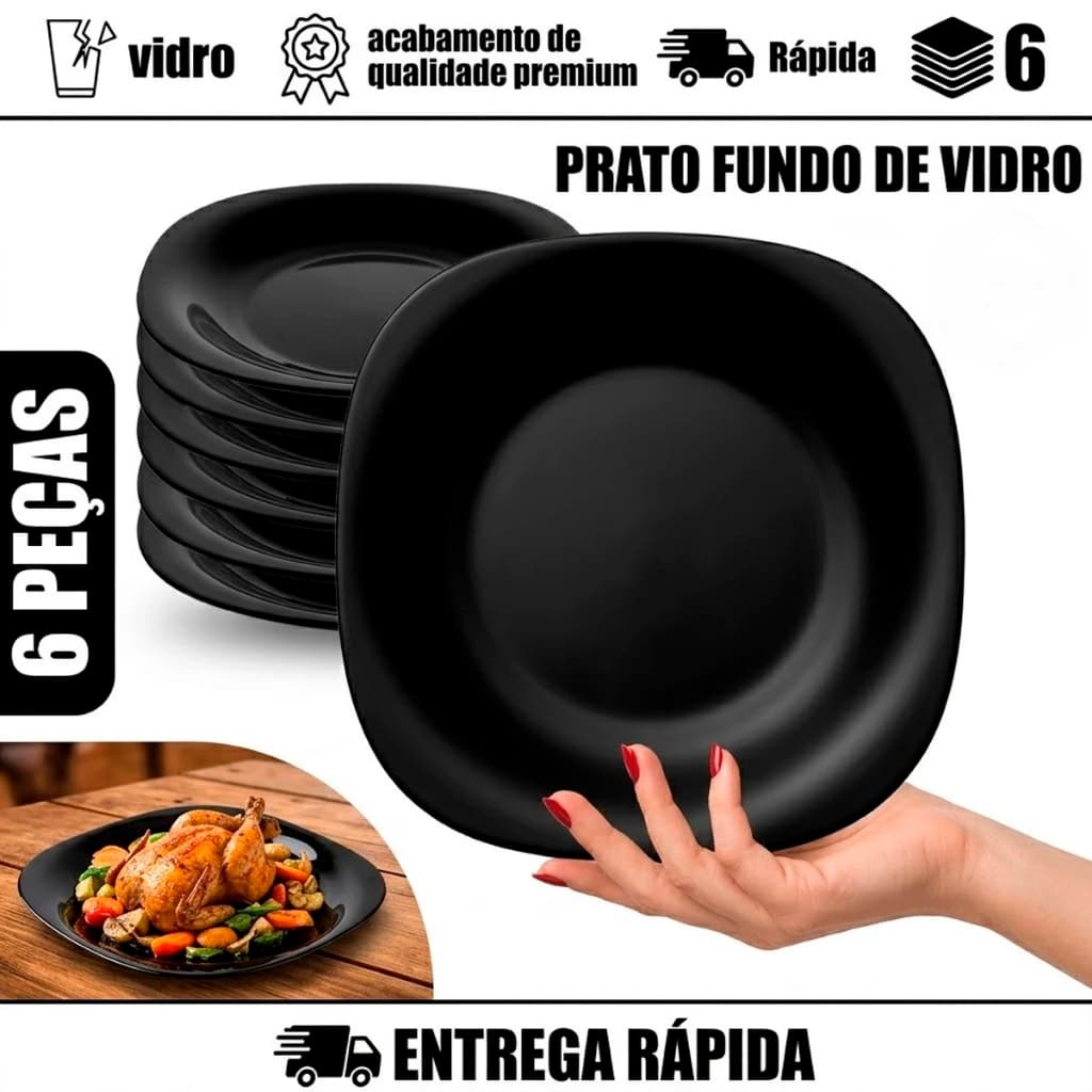 Kit Jogo de 6 Pratos Quadrado Fundo Preto Opaline Liso Vidro Temperado 22,5cm Elegante Cozinha hotel