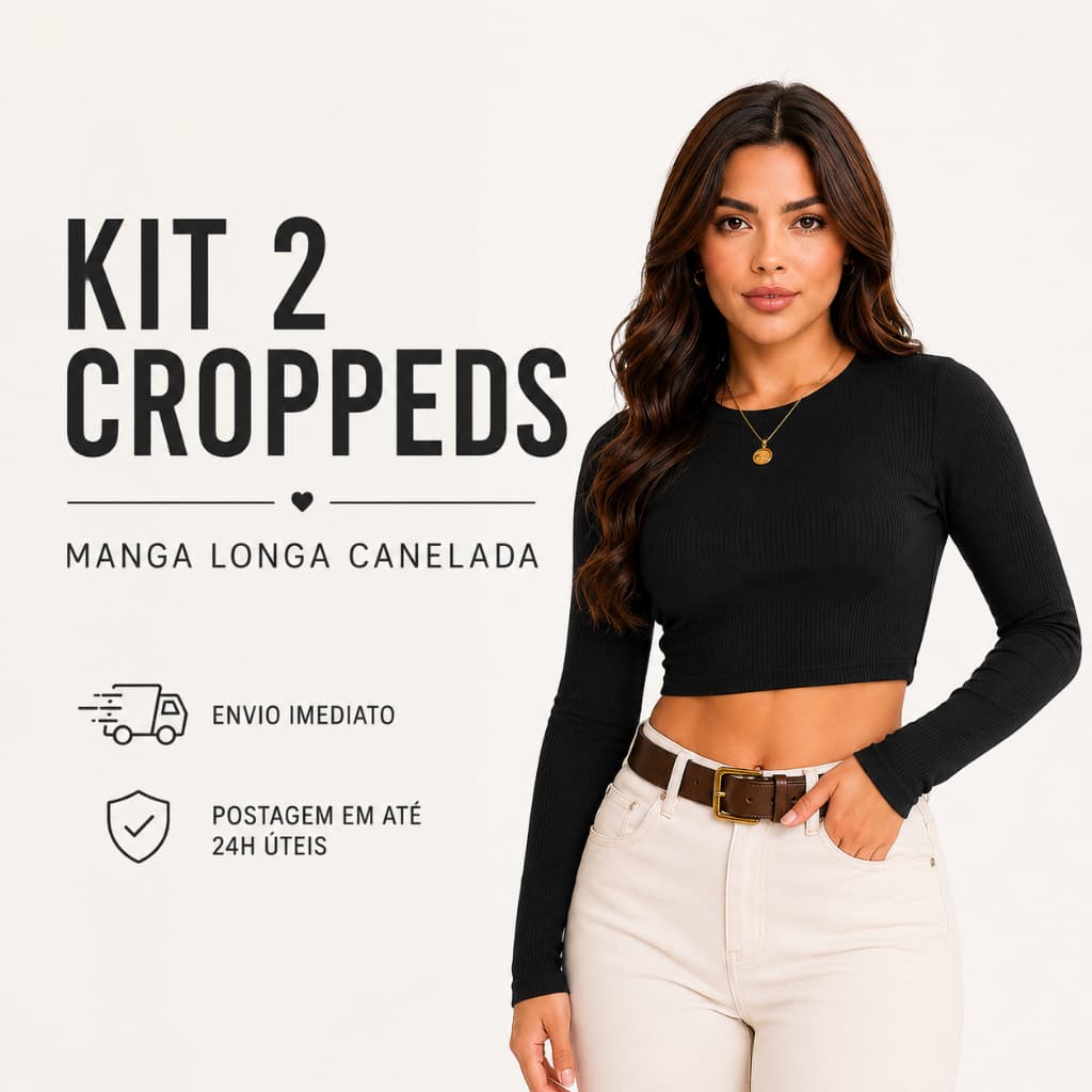 Kit 2 Cropped Manga Longa Lisa Básico Feminina Canelado Premium Feminino Inverno