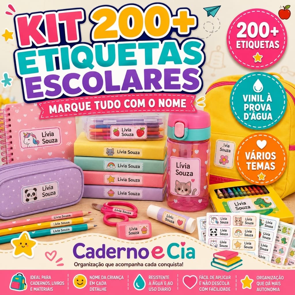 Super Kit 200+ Etiquetas Escolares! 100% Á Prova d'água! Vinil Adesivo - COM FOTO!