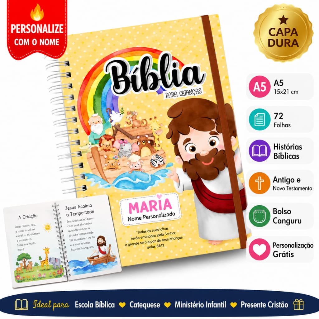 Bíblia para Crianças Caderno A5 Personalizado Infantil Histórias Bíblicas Antigo Novo Testamento
