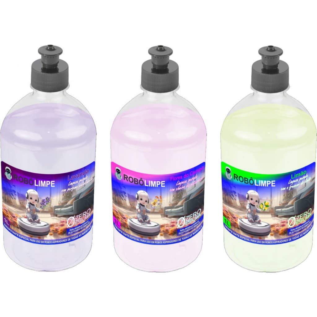 Kit 3 Litros ROBÔLIMPE Desinfetante Germicida Bactericida p/ Robô Aspirador de todas as marcas com Reservatório Acoplado