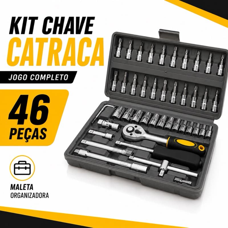 Jogo de Soquete 46 Peças com Catraca Profissional Kit Chaves Automotivo Completo com Maleta