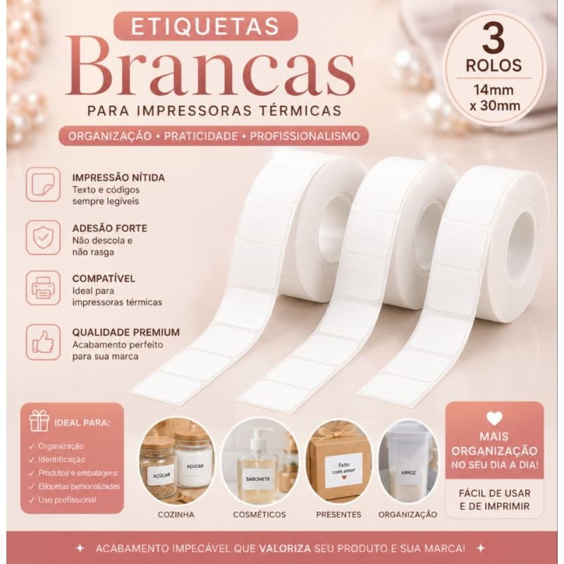 3 Rolos Etiqueta branca 14mm x 30mm para Impressora Térmica | Adesivo de Alta Qualidade para Organização e Identificação