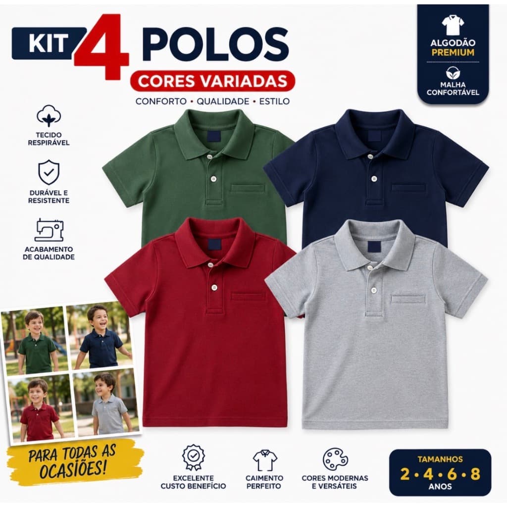 kit 4 Polo Infantil Lisa Bordada Menino Algodão Manga Curta 2 ao 8 Bolso Falso Estilo Social