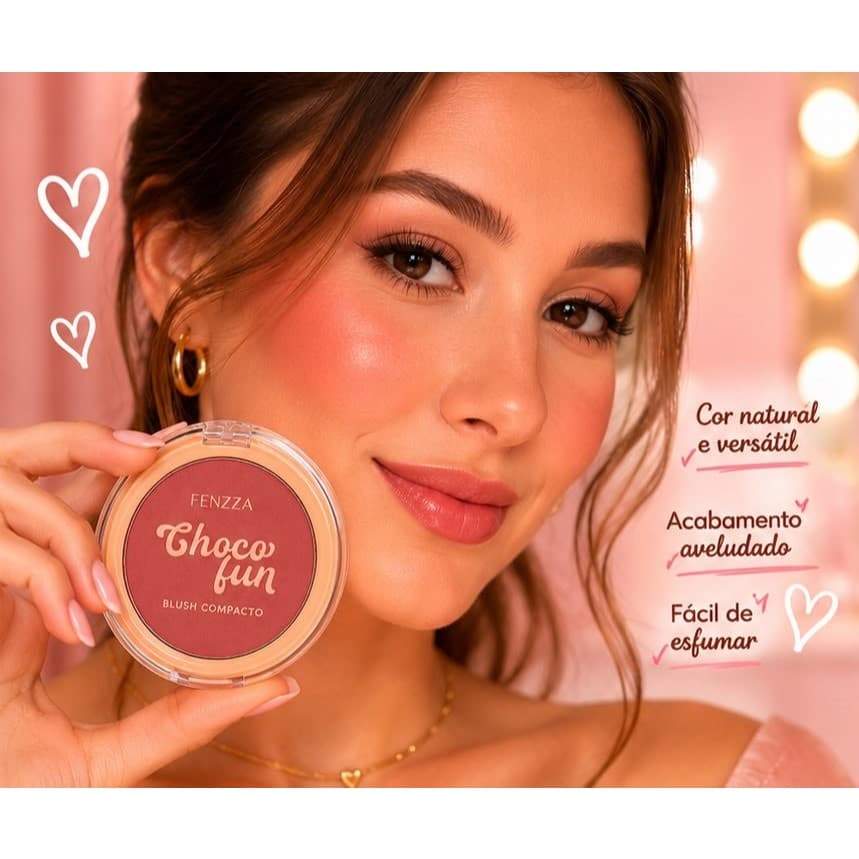Blush Compacto Fenzza Choco Fun Efeito Natural Alta Pigmentação Longa Duração
