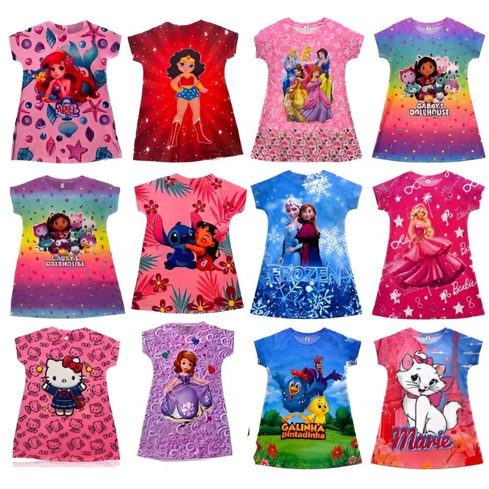 Kit 5 Vestido Infantil Temático de Personagem Sortidos Com Manga
