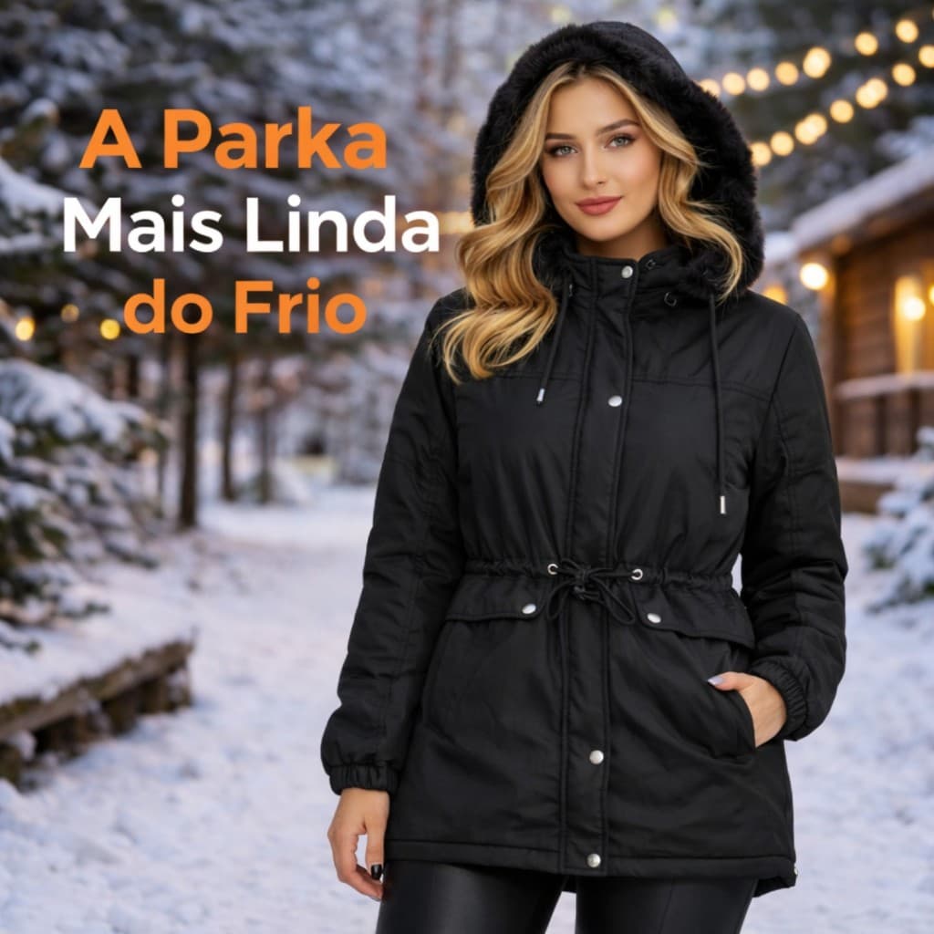 Casaco Feminino Parka Forrada Pelinho Capuz com Bolsinho Inverno