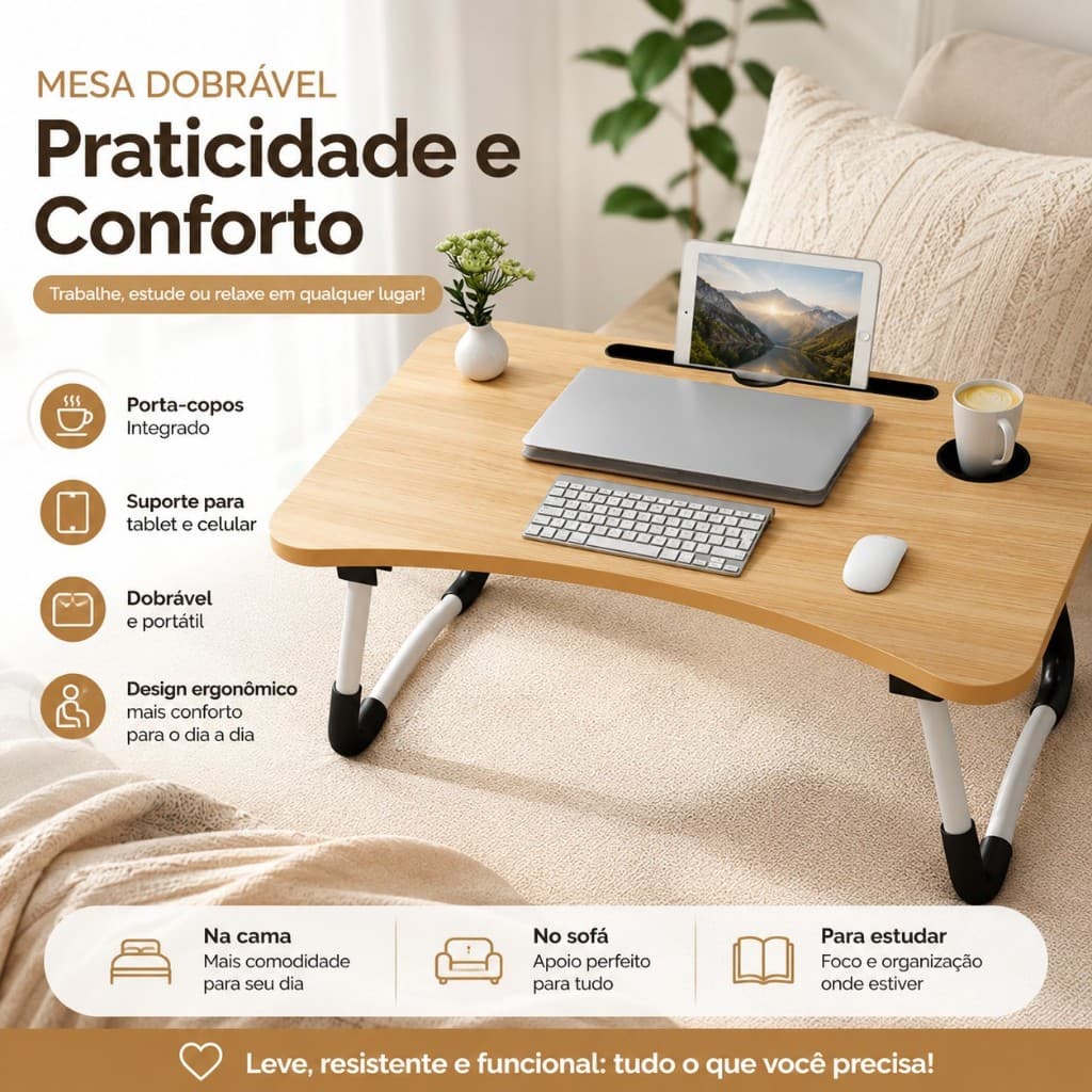 Mesa dobrável notebook portátil leve MDF 60x40cm mesa cama sofá suporte estável celular tablet 3 cores madeira preto ros