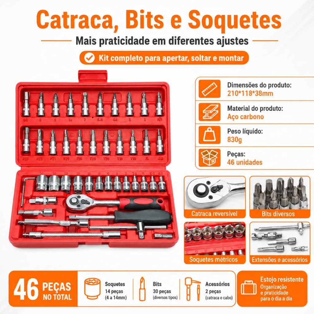 Kit Ferramentas Catraca Soquete 46 Peças Carro Casa