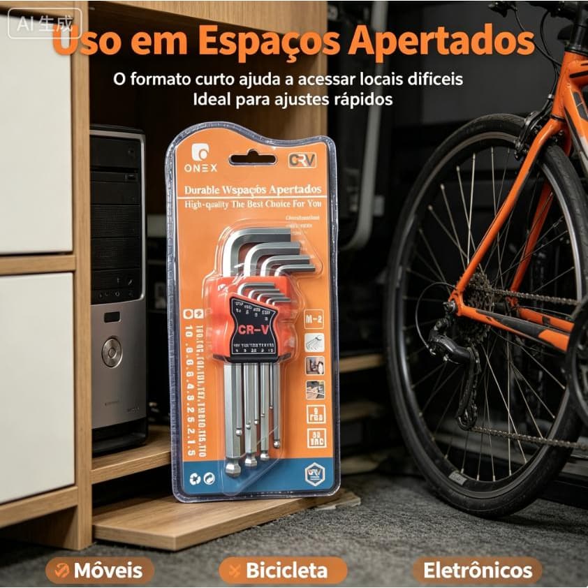 Jogo De Chaves Hexagonais Allen Cabeça Esférica CR-V Longa 9 Peças 1.5mm a 10mm Profissional Para Bicicleta Moto Carro