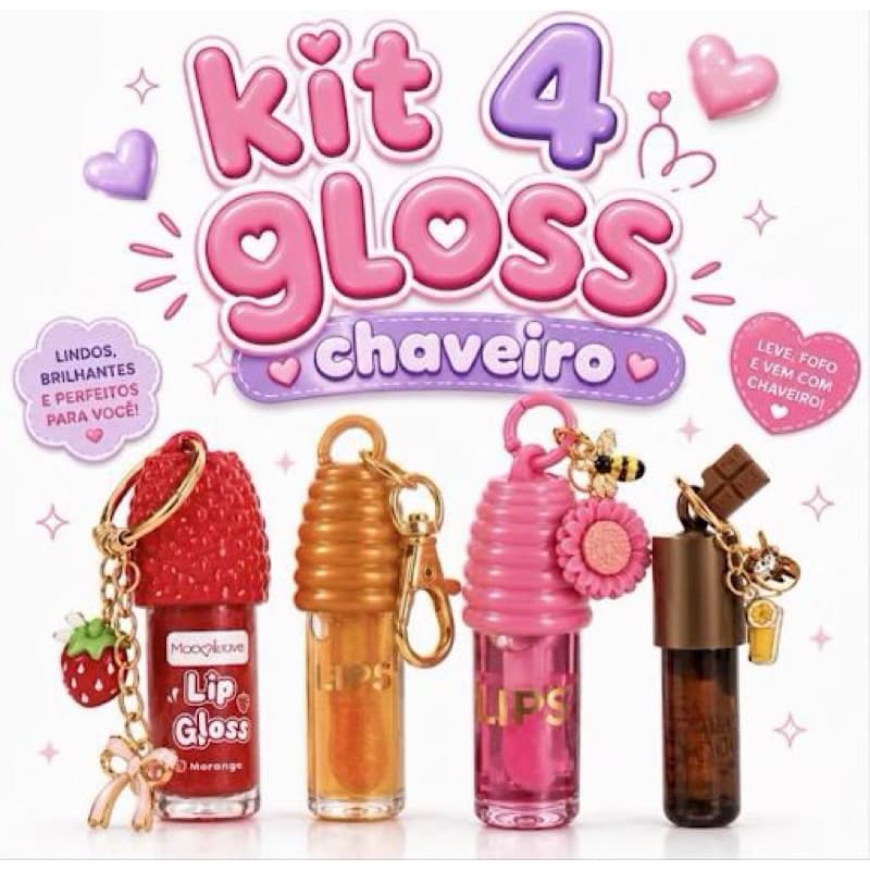 Kit 4 Lip Gloss Chaveiro com Pingentes e Aromas Variados