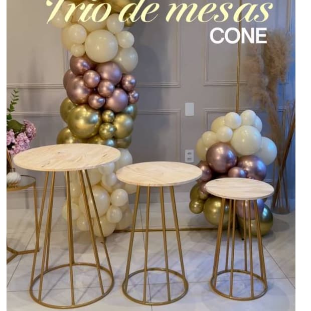 Kit Trio Mesas Redonda Modelo Cone Em Ferro E Pinus Para Decorações De Festa E Aniversários