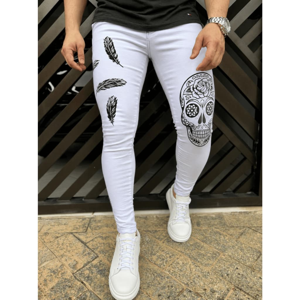Calças Jeans White Collection Masculina Modelo Super Skinny Branca Ano Novo