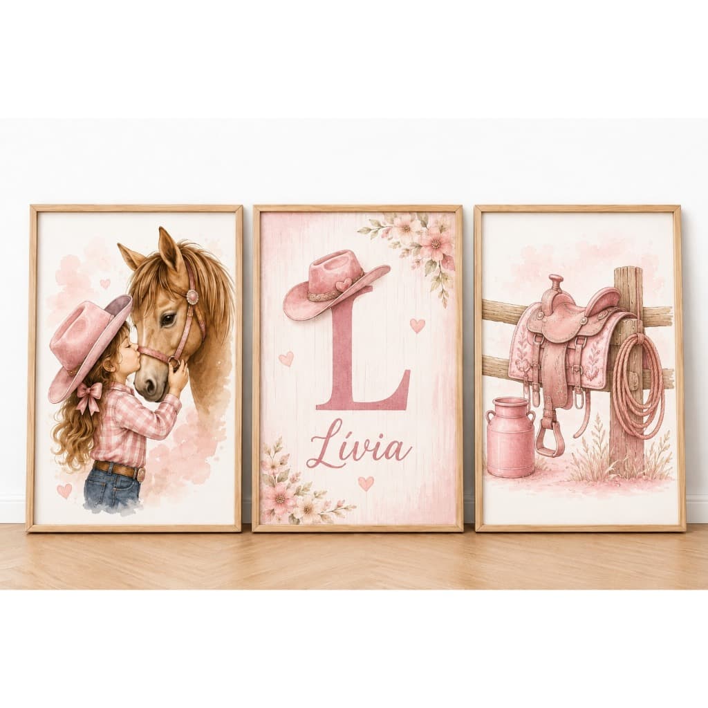 Quadros Decorativos Cowgirl Rose Cavalo Nome Personalizado Sela Menina Rosa Infantil Criança Fofo