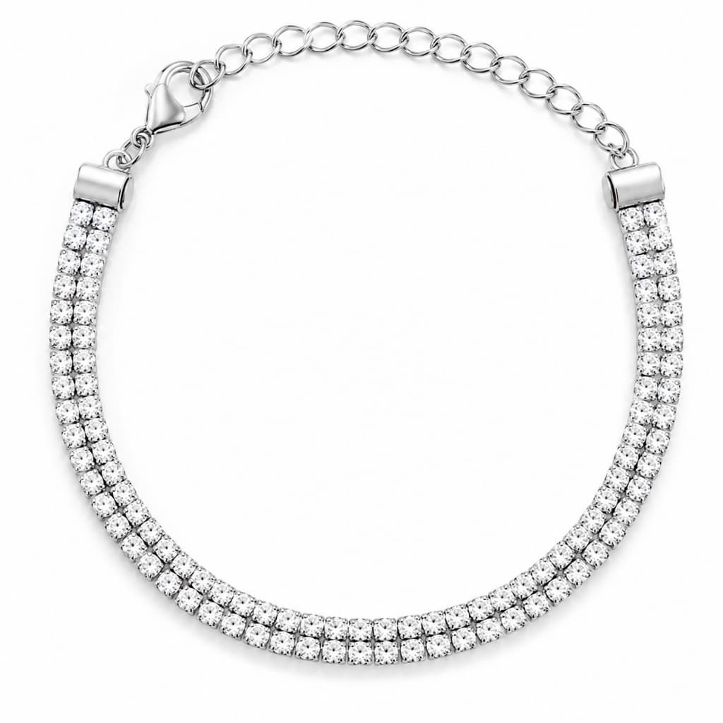 Pulseira Feminina Duplo Cordão Cravejado Folheada a Prata 925 Brilhante Elegante