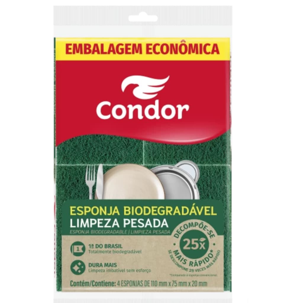 Kit 4 Esponjas Condor Biodegradáveis Limpeza Pesada Multiuso Cozinha Alta Durabilidade