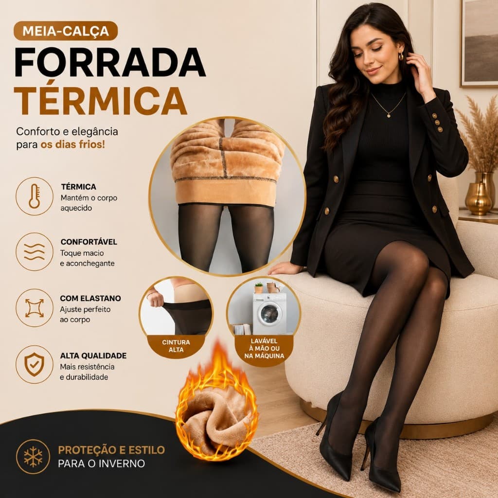 Meia-Calça Térmica Translúcida, Forrada com Pelúcia, de Lã Grossa, Super Elástica e com Pé, Inverno