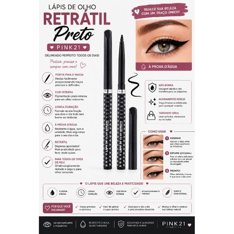 Kit 2 Lapis de olho retrátil preto Pink21