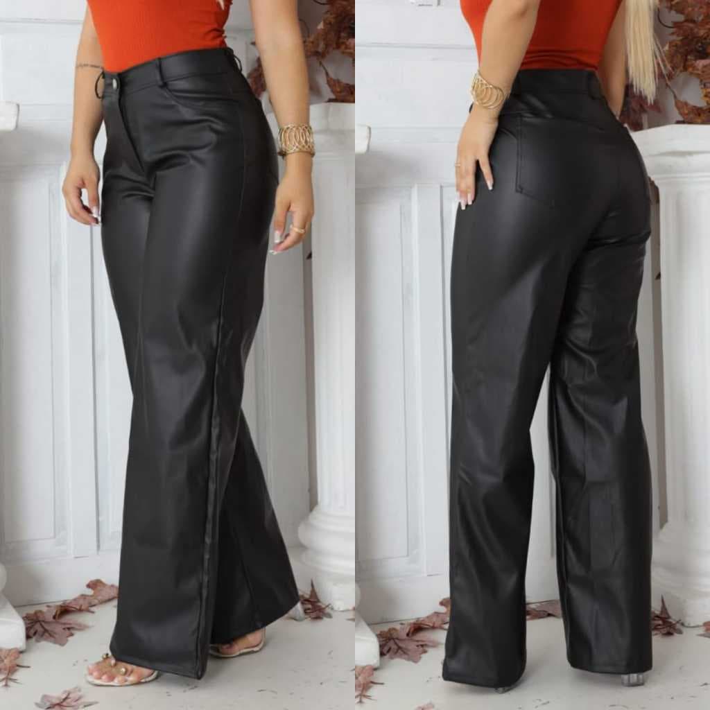 Calça Pantalona Wide Leg Feminina Couro Cintura Alta Moda Outono