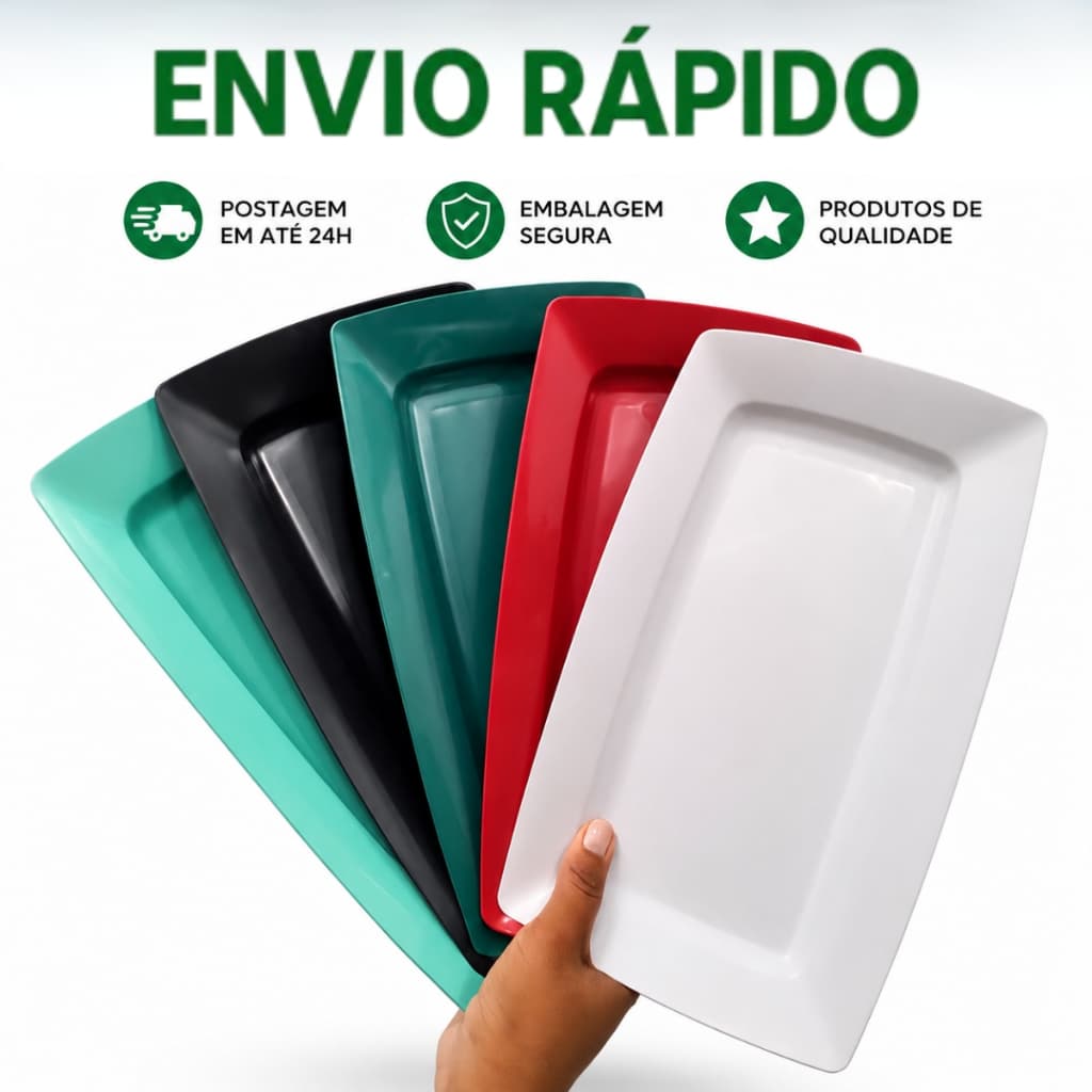 Kit 10 Bandejas Petisqueiras Retangular Plástico Resistente Lanches Porções Espetinho Bar Pasteis