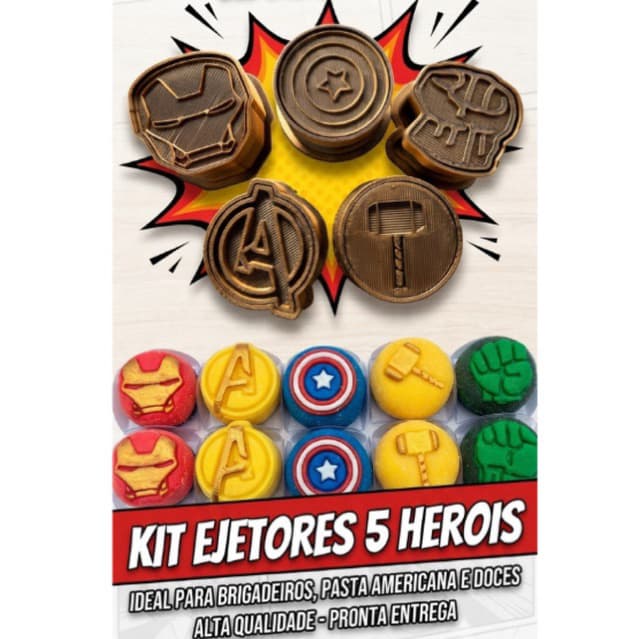 Kit 5 Ejetores Marcadores de Doces Super Heróis - Cortador para Brigadeiro, Pasta Americana e Confeitaria