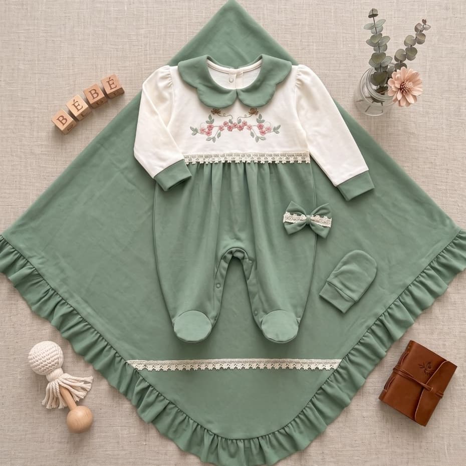 Saída Maternidade Bebê  Menina Verde Luxo 04 Peças Roupa Recém Nascido Detalhe Bordado Premium