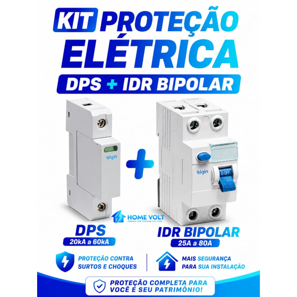Kit DPS 20kA a 60kA + IDR Bipolar 25A a 80A Proteção Elétrica Residencial INMETRO Segurança Elétrica