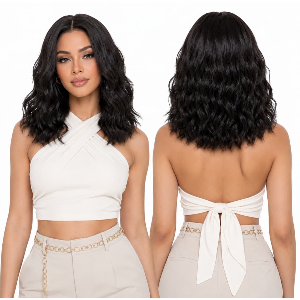 Peruca Wig Ondulada Curta Corte Repicado Castanho + Wig Cap