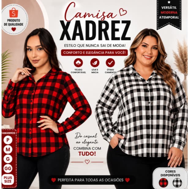 Camisa Feminina Xadrez Social Plus Manga Longa Junina Quadriculado Tradicional Blusa Regata Chiki