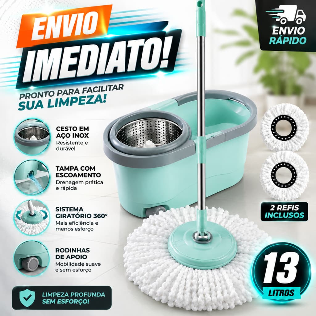 Mop Esfregão Com Rodinhas Giratório 13 Litros Cesto Aço Inox Com Refil Cabo de 130cm