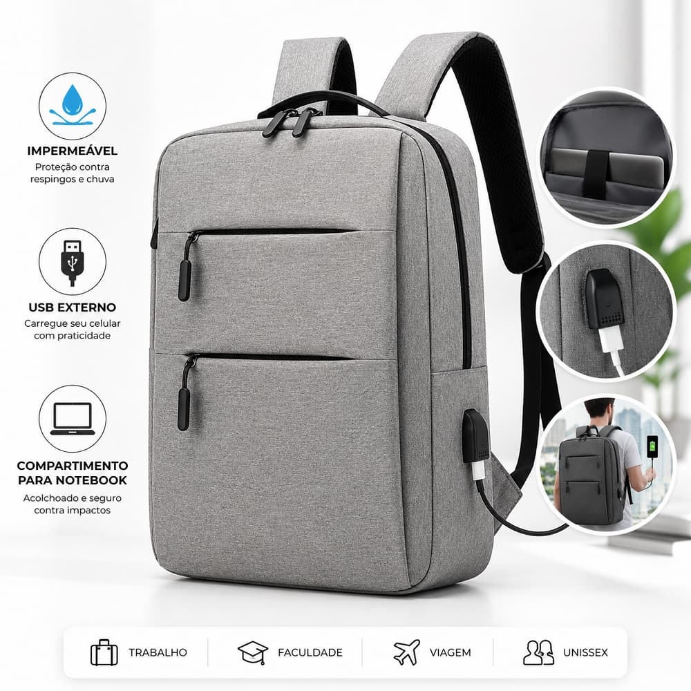 Mochila Impermeável para Notebook com USB Espaçosa Executiva Unissex Trabalho Viagem Faculdade
