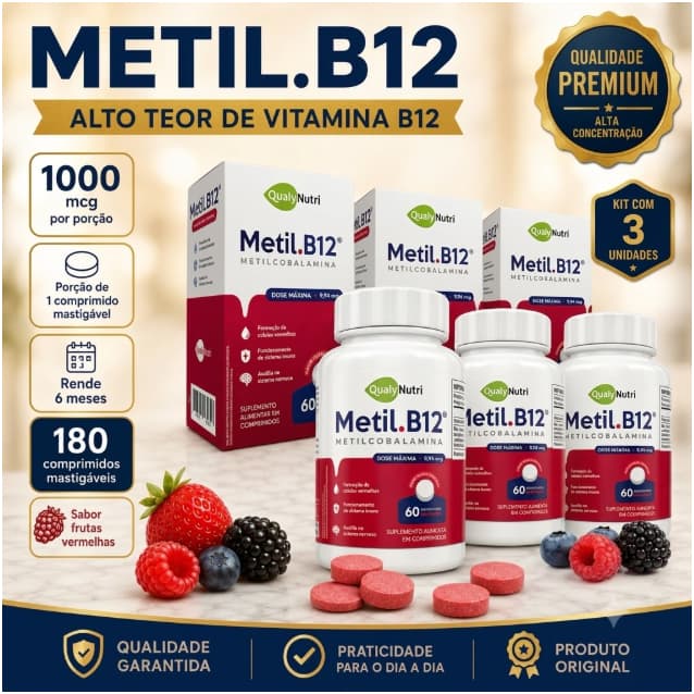 Vitamina B12 Metilcobalamina 1000mcg 180 Comprimidos Mastigáveis ​​Sabor Frutas Vermelhas