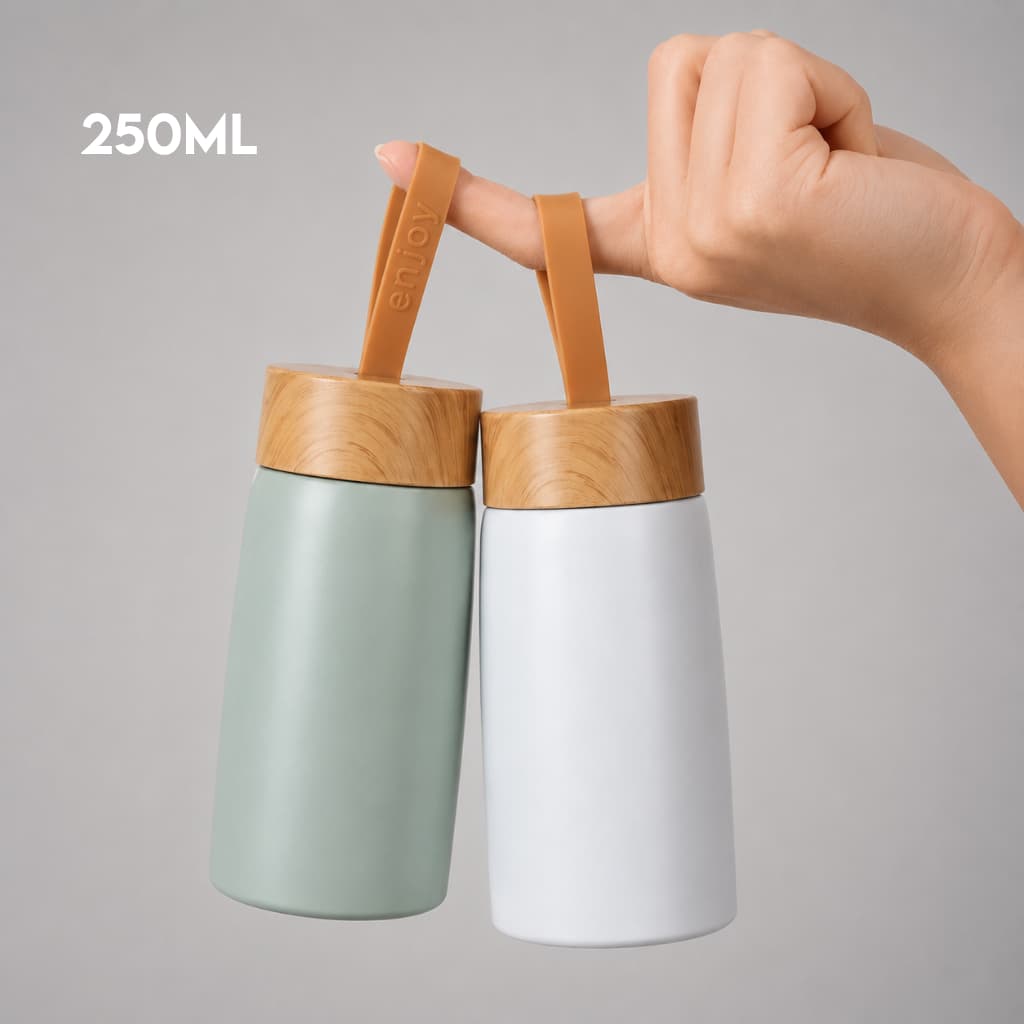 Garrafa Térmica 250ml Inox 304 Tampa Bambu Parede Dupla Café Chá Portátil