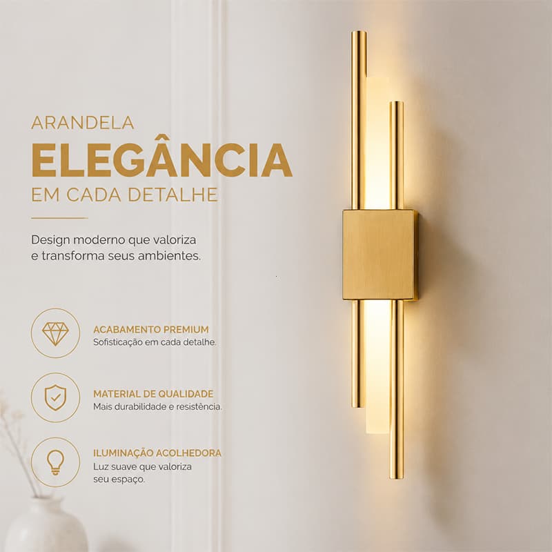 Arandela LED Dourada Moderna 22W 3 Cores Luz Ferro Forjado Acrílico Não Amarela Para Quarto Banheiro Sala Varanda