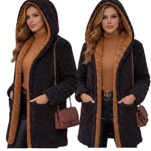 Casaco Teddy Feminino Dupla Face com Capuz Inverno 2026 Sherpa Quente com Bolsos