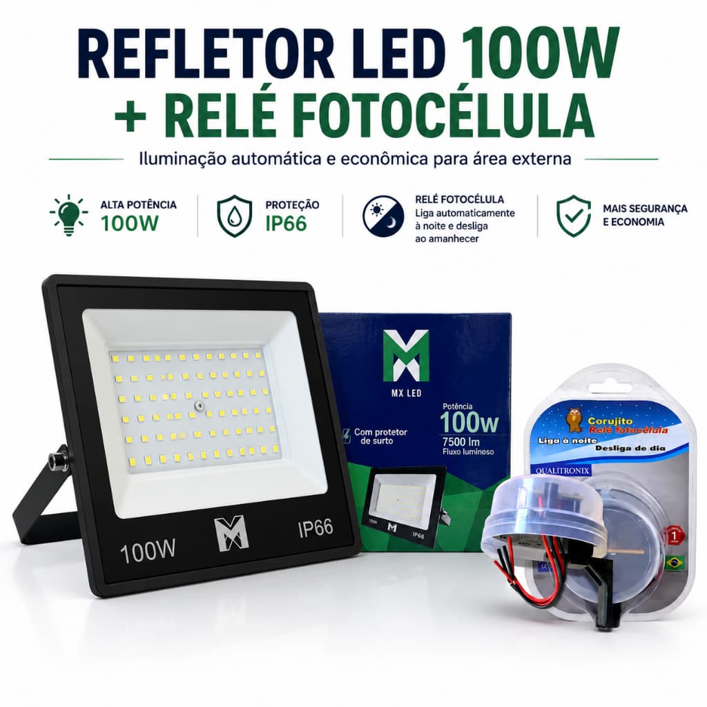 Refletor LED 100W Slim Premium Maxxy Led Á Prova D`Água + 1 Relé Fotocélula QR51 Promoção