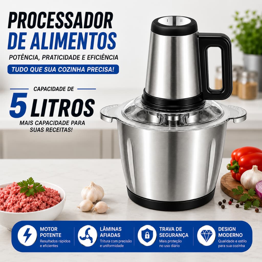Moedor Elétrico 5 Litros Multiprocessador Mixer Picador Triturador de Carne Legumes Inox 110v ou 220v