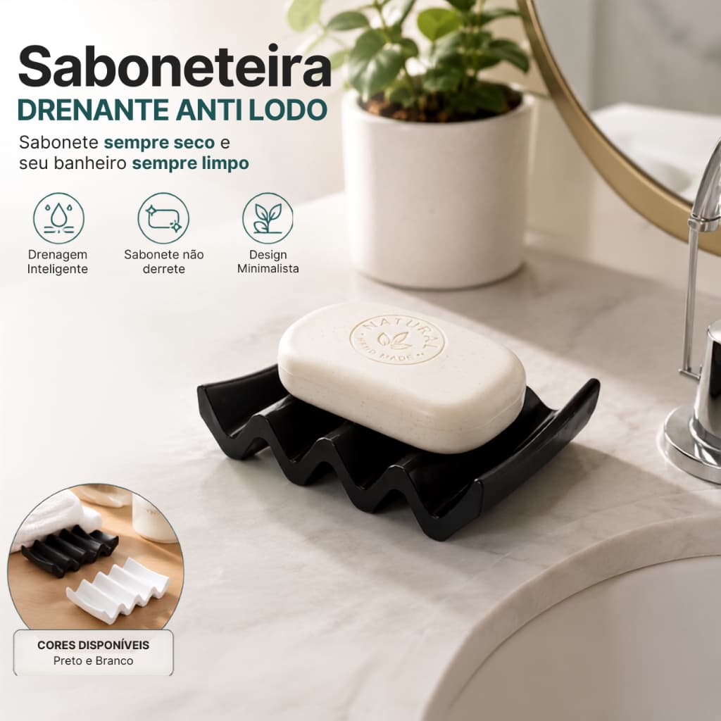 🚿 Saboneteira Drenante Anti Lodo | Sabonete Sempre Seco | Porta Sabonete Banheiro Branco e Preto