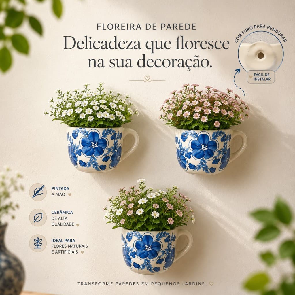 Floreira Parede Cerâmica Xícara Floral Azul | Vaso Decorativo Artesanal | Pronta para Pendurar
