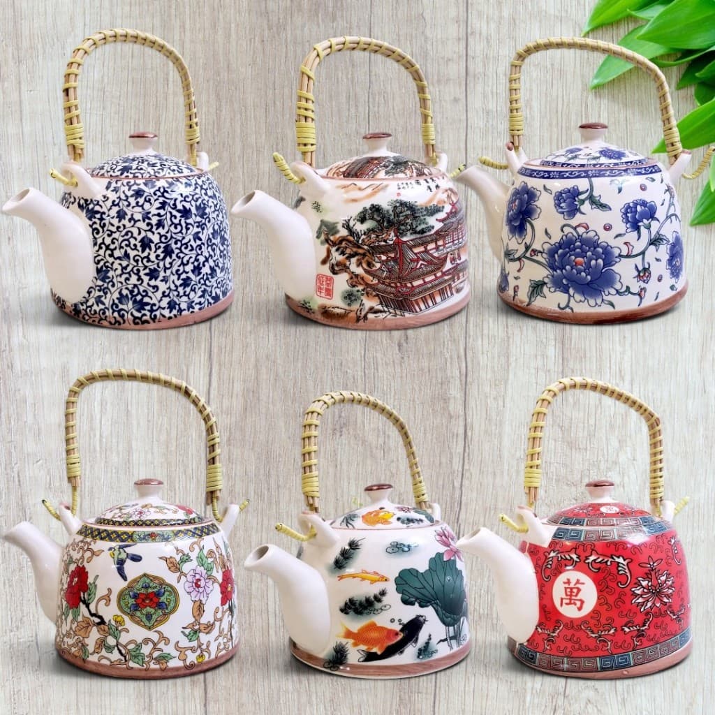 Bule de Chá Oriental Grande Porcelana Infusor de Inox 900ml