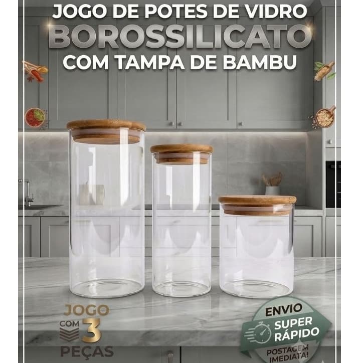 Jogo de pote de vidro Tampa Bambu REDONDO Organizar Mantimentos Cozinha Para Donas de Casa.