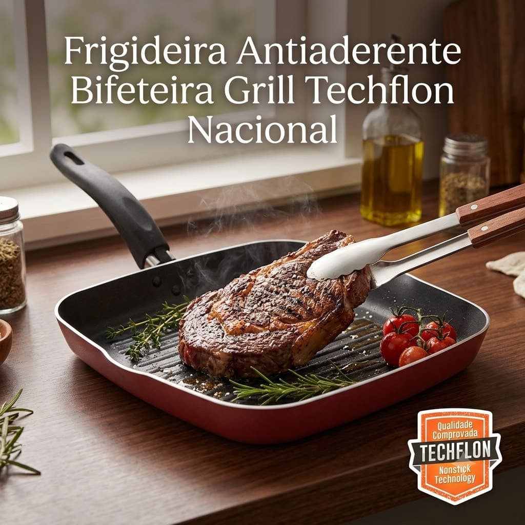 Frigideira Antiaderente Bifeteira Grill Techflon Nacional 23cm Vermelha