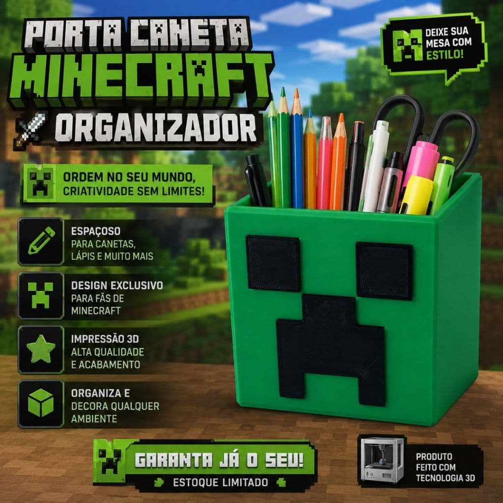 Porta Caneta Minecraft Organizador Mesa Porta Lápis Impressão 3D Decoração Gamer Presente