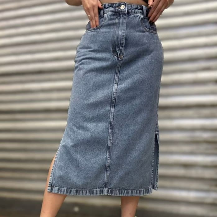 Saia Jeans Saia Midi Feminina Evangélica Cintura Alta Design de Fenda lateral