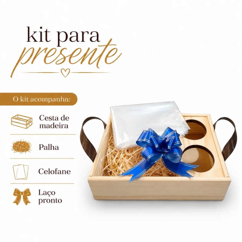 Kit Cesta para Presente de Madeira com Celofane Palha e Laço Pronto para Presentes Datas Especiais Luxo