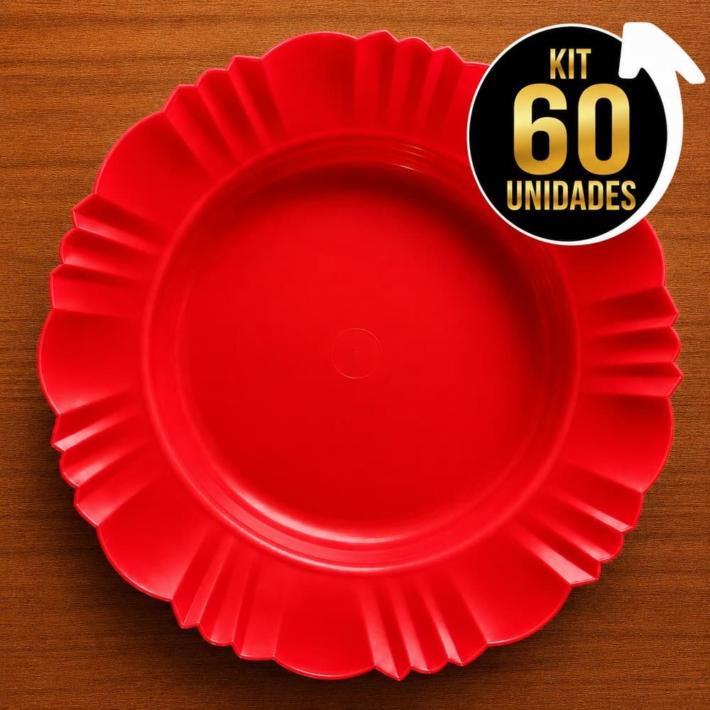 Kit 60 Pratos Fundos Redondos Vermelho Plástico com Borda Para Refeições