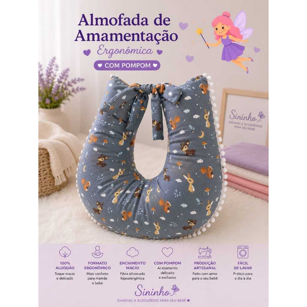 Almofada Amamentação Ergonômica para Bebê | 100% Algodão com Pompom