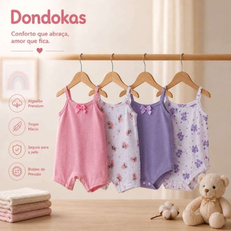 kit 4 Peças 2 Macaquinho bebe e 2 Body Alcinha bebe menina Roupa de Bebe Algodão M G GG